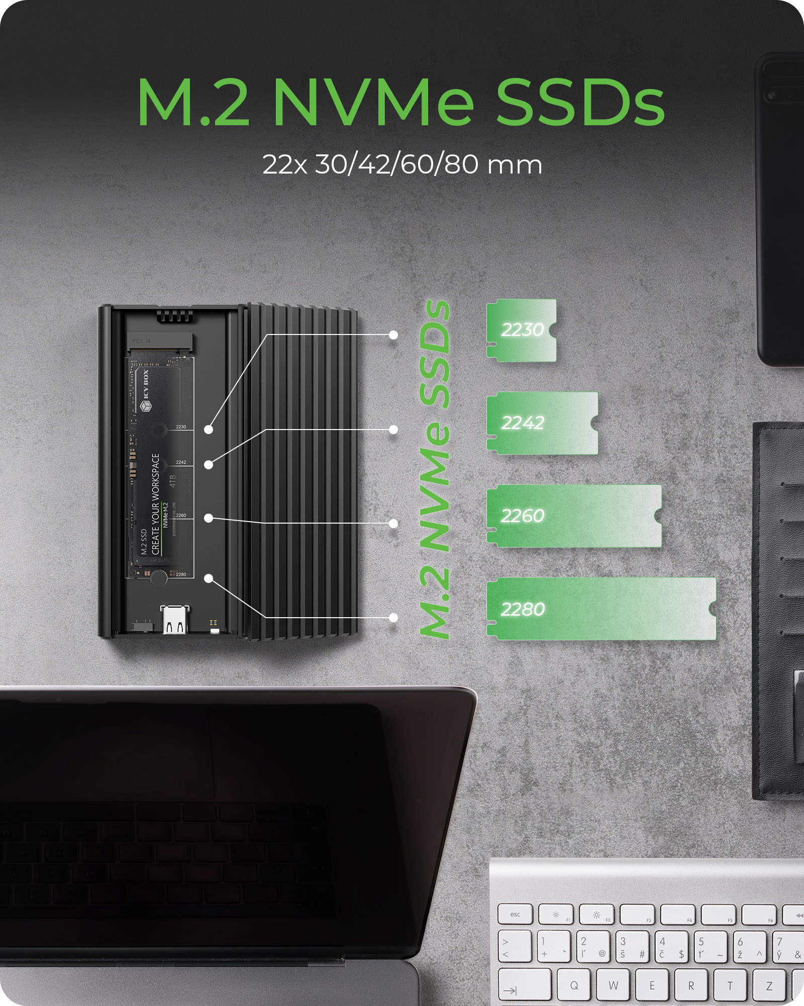 ICY BOX IB-1917M-C32a M.2 NVMe SSD-Gehäuse USB 3.2 Gen 2x2 Schwarz