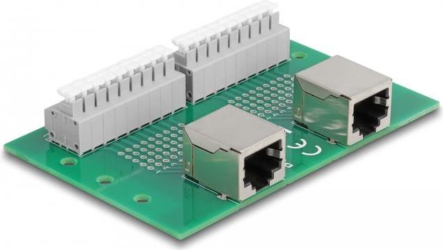 Delock RJ45 2 x Buchse zu 2 x Terminalblock mit Drucktaster für Hutschiene (66994)