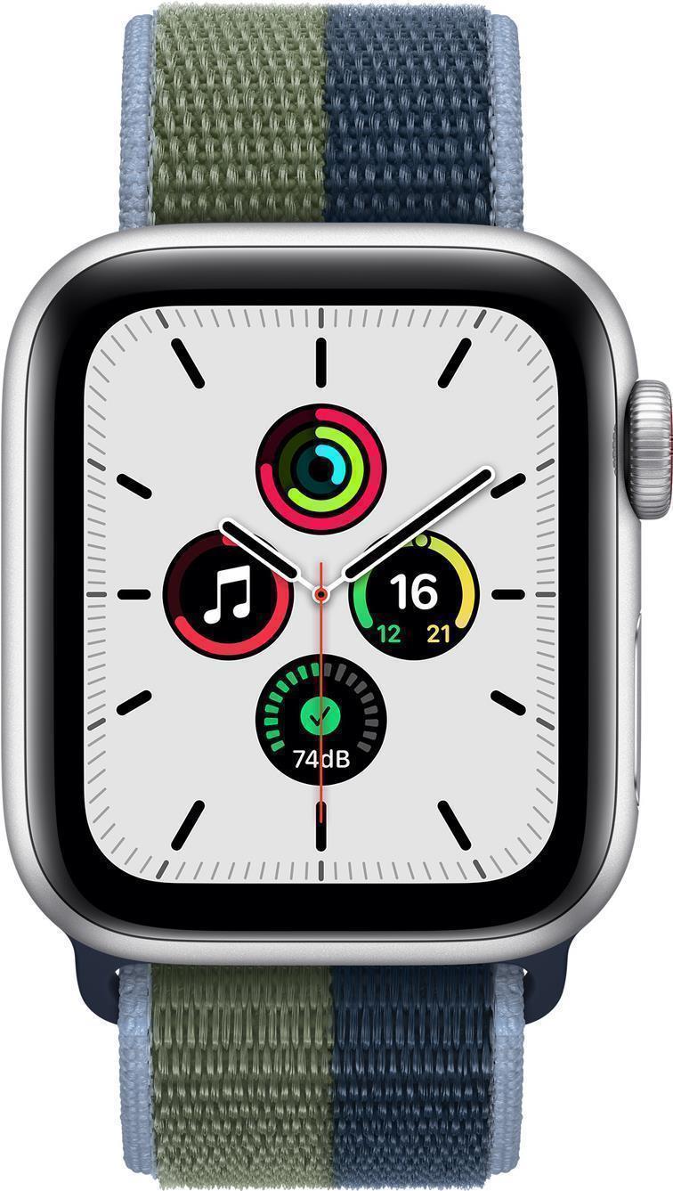 Apple Watch SE GPS + Cellular, 40mm Silver Aluminium Case with Abyss Blue/Moss Green Sport Loop (MKQW3FD/A)